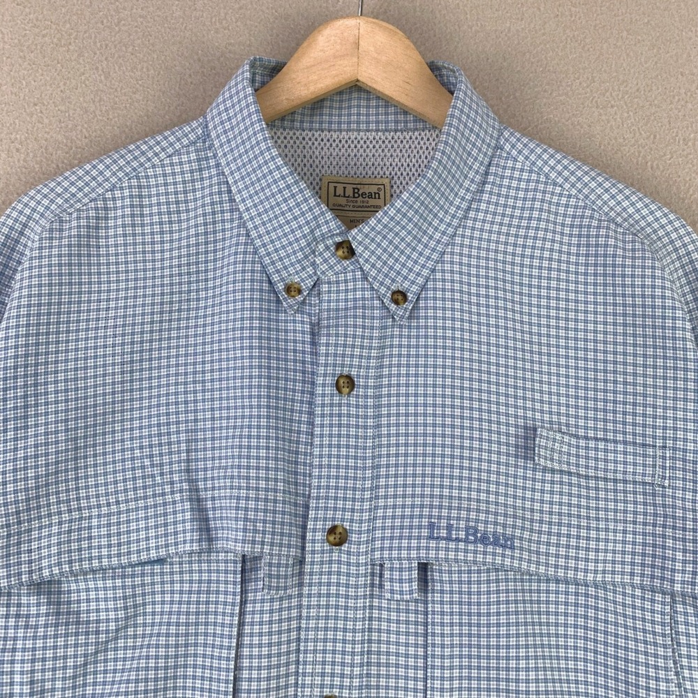 LL Bean Fishing Shirt Mens Large Tall Blue Grid Plaid Long Sleeve Vented Stretch